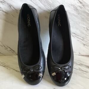 Vionic Minna Ballet Flat Black Patent Cap Toe & Bow Ortho Arch Support - Size 10